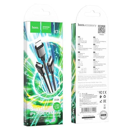 Hoco Câble de charge 3-en-1 (Lightning+Type-C+Micro) X76 - Noir