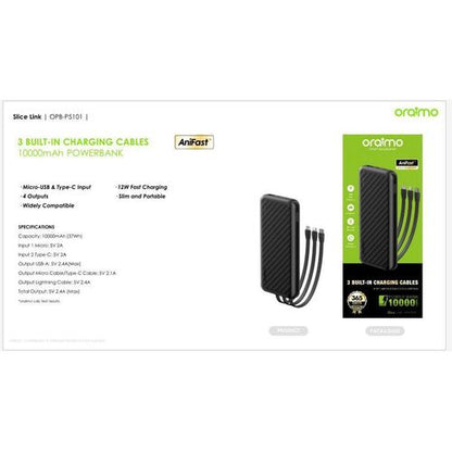 Oraimo Slice Link Power Bank 10000mAh – 12W – 3 Câbles Intégrés – OPB-P5101