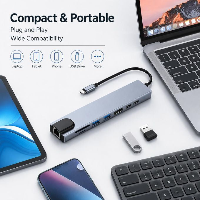 Hub USB-C 8-en-1 Adaptateur Multiport avec HDMI 4K, PD 100W, USB 3.0, USB 2.0, Lecteur SD/TF et Port Ethernet RJ45