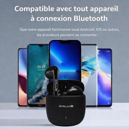 CALUS Écouteurs sans fil Bluetooth CALUSS Blue P15 avec réduction de bruit, Bluetooth 5.3, basses puissantes, son stéréo HI-FI net