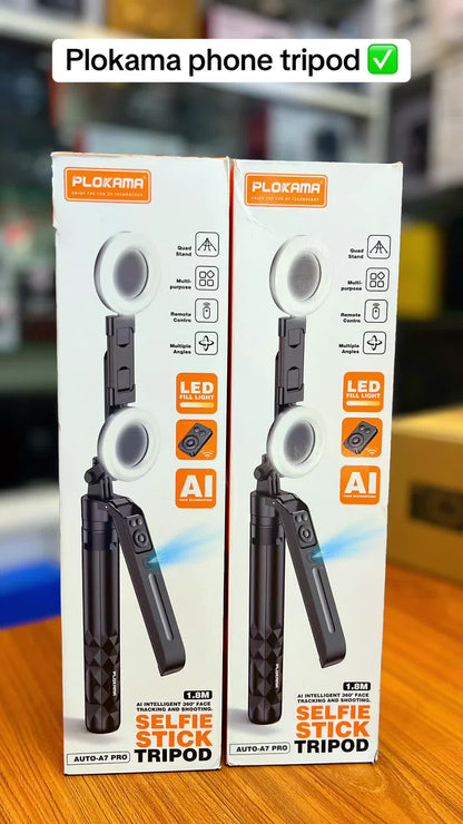 Perche Selfie Trépied PLOKAMA AUTO-A7 PRO avec Lumière LED – 1.8m, Rotation 360° & Télécommand