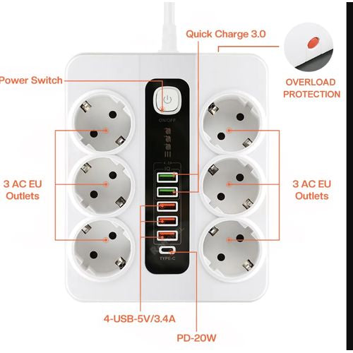 Sens multiprise power socket sens 3000w sortie 38w usb pd +qc3.0 fast blanc