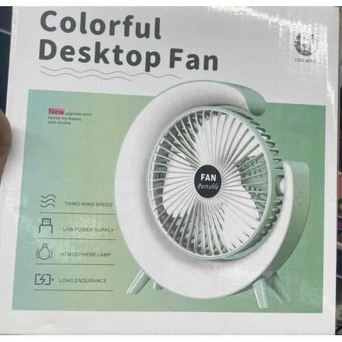 Portable Fan Portable Rechargeable Colorful Desktop Fan with USB Power & LED Light – 3 Speeds / Quiet Cooling