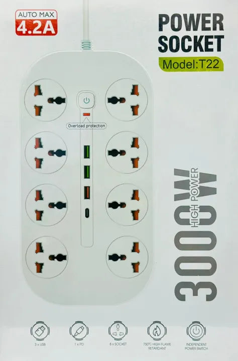 Power Extension T22 Socket 4.2a 3 Usb 8 Socket 1 Pd 3000w [id: 11184]