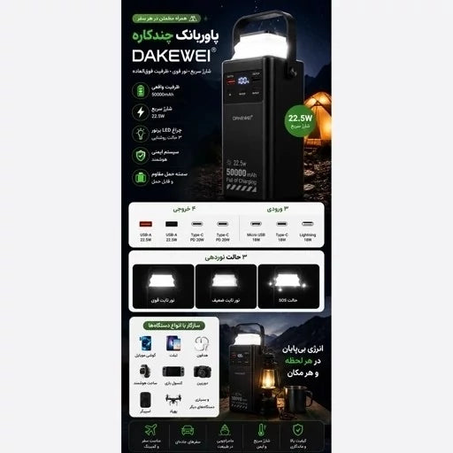 DAKEWEI Power Bank Super Rapide 50000mAh (Modèle DKW-P26A) Noir avec Bande Blanche Élégante prix 🏷️ 15000FC 🔥