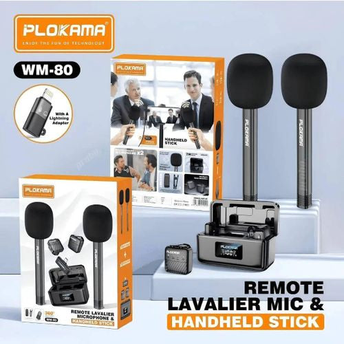 PLOKAMA WM-80 COMBO - Kit 2 Micros Sans Fil + 2 Supports Bâtons (Main) - Réduction de Bruit - Boîtier de Charge LED