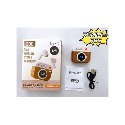 TWS Air ear pods pro Q86 Écouteurs Bluetooth Q86 Bluetooth 5.4 écouteur style Rétro appareil photo Q 86 – Stéréo sans fil à affichage numérique LCD - Marron