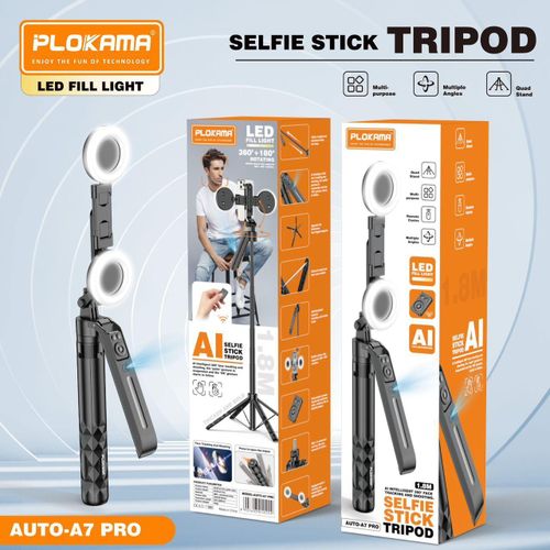 Perche Selfie Trépied PLOKAMA AUTO-A7 PRO avec Lumière LED – 1.8m, Rotation 360° & Télécommand