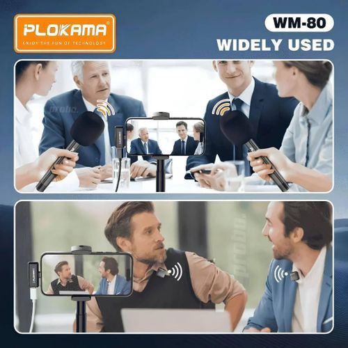 PLOKAMA WM-80 COMBO - Kit 2 Micros Sans Fil + 2 Supports Bâtons (Main) - Réduction de Bruit - Boîtier de Charge LED