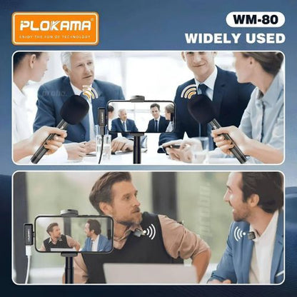 PLOKAMA WM-80 COMBO - Kit 2 Micros Sans Fil + 2 Supports Bâtons (Main) - Réduction de Bruit - Boîtier de Charge LED