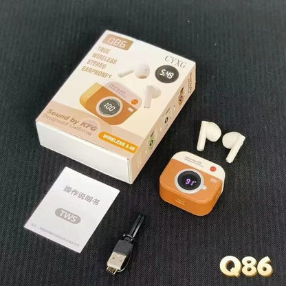 TWS Air ear pods pro Q86 Écouteurs Bluetooth Q86 Bluetooth 5.4 écouteur style Rétro appareil photo Q 86 – Stéréo sans fil à affichage numérique LCD - Marron