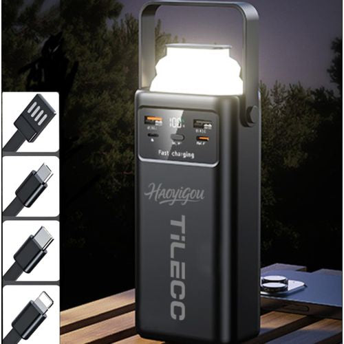 TiLECC Batterie externe portable à charge rapide TC8526, avec éclairage LED, écran numérique et système à 4 câbles, d'une capacité de 50 000 mAh.
