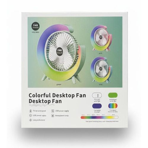Portable Fan Portable Rechargeable Colorful Desktop Fan with USB Power & LED Light – 3 Speeds / Quiet Cooling