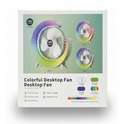 Portable Fan Portable Rechargeable Colorful Desktop Fan with USB Power & LED Light – 3 Speeds / Quiet Cooling