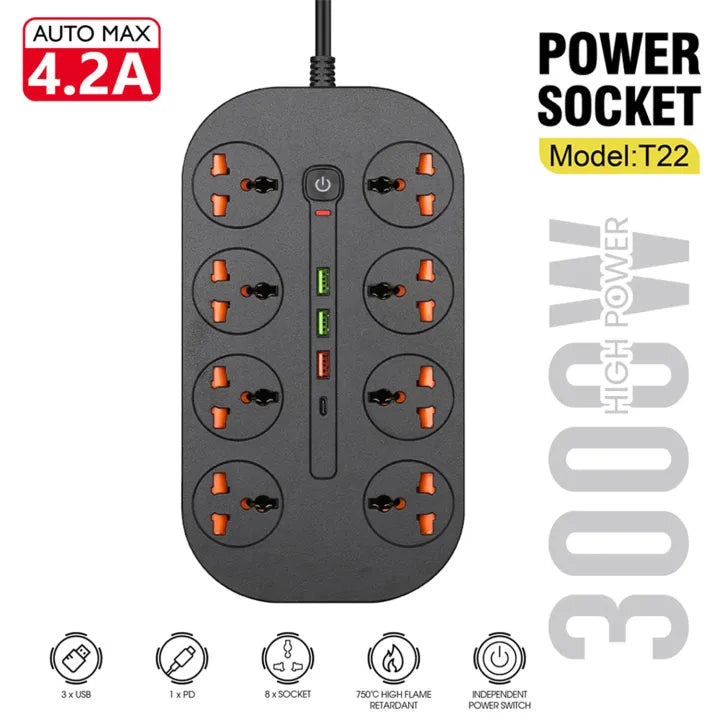 Power Extension T22 Socket 4.2a 3 Usb 8 Socket 1 Pd 3000w [id: 11184]