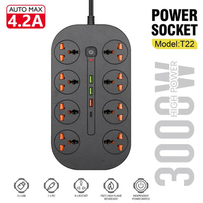 Power Extension T22 Socket 4.2a 3 Usb 8 Socket 1 Pd 3000w [id: 11184]