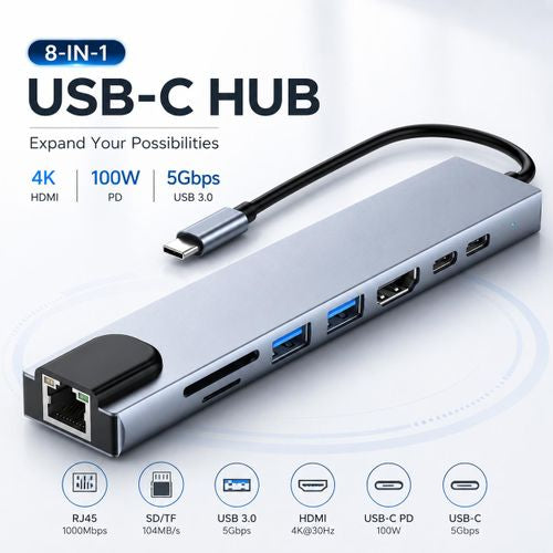 Hub USB-C 8-en-1 Adaptateur Multiport avec HDMI 4K, PD 100W, USB 3.0, USB 2.0, Lecteur SD/TF et Port Ethernet RJ45