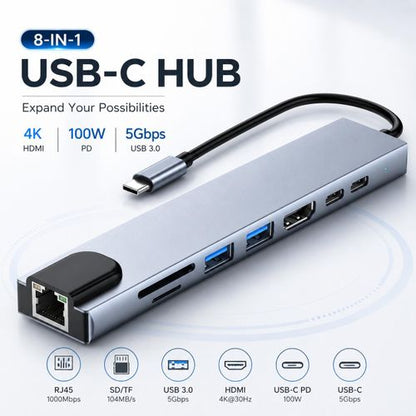 Hub USB-C 8-en-1 Adaptateur Multiport avec HDMI 4K, PD 100W, USB 3.0, USB 2.0, Lecteur SD/TF et Port Ethernet RJ45