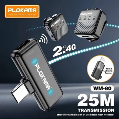 PLOKAMA WM-80 COMBO - Kit 2 Micros Sans Fil + 2 Supports Bâtons (Main) - Réduction de Bruit - Boîtier de Charge LED
