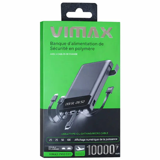 Power Bank VIMAX 10 000 mAh – Avec 4 Câbles Intégrés