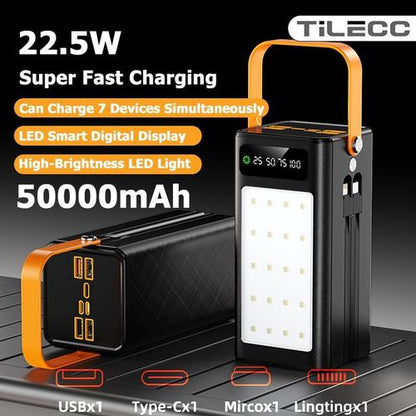 TiLECC Batterie externe multi-usages d'extérieur 50000 mAh 22.5W charge ultra-rapide avec lumière de camping