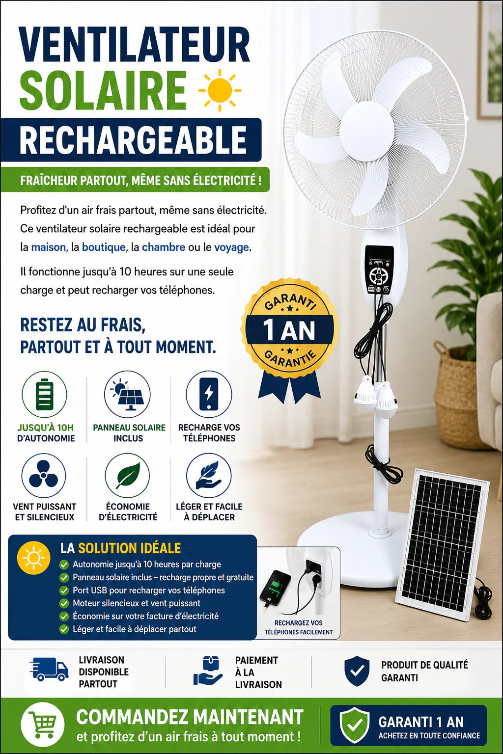 Ventilateur Solaire Autonome 12 Heures de temp