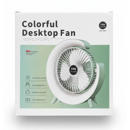 Portable Fan Portable Rechargeable Colorful Desktop Fan with USB Power & LED Light – 3 Speeds / Quiet Cooling