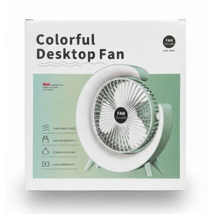 Portable Fan Portable Rechargeable Colorful Desktop Fan with USB Power & LED Light – 3 Speeds / Quiet Cooling