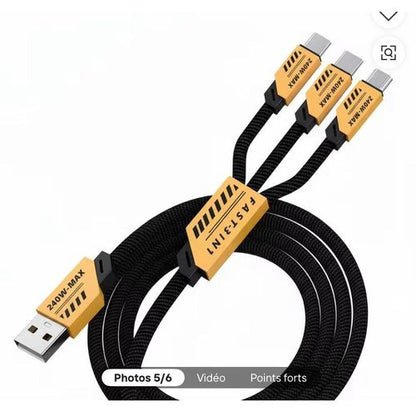 Câble de charge rapide 3-en-1 USB Multi-Connecteurs 240W (Type-C / Micro USB / Lightning) – Nylon tressé ultra résista