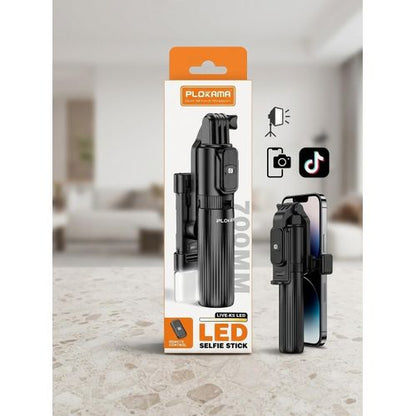 Perche à Selfie LED 3-en-1 Plokama LIVE-KS – Trépied Extensible 700mm avec Télécommande Bluetooth et Lumière d'Appoint