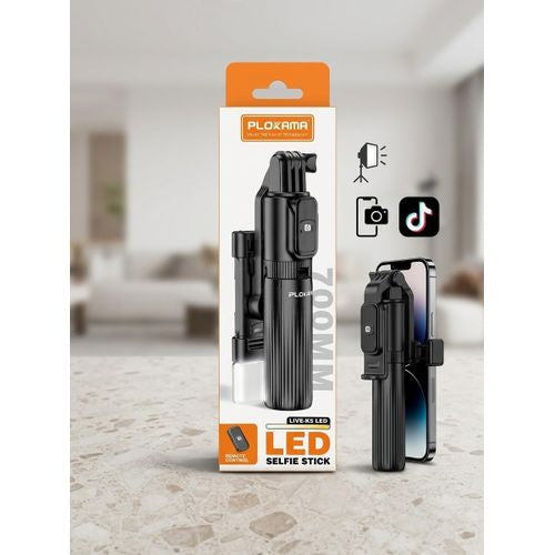 Perche à Selfie LED 3-en-1 Plokama LIVE-KS – Trépied Extensible 700mm avec Télécommande Bluetooth et Lumière d'Appoint
