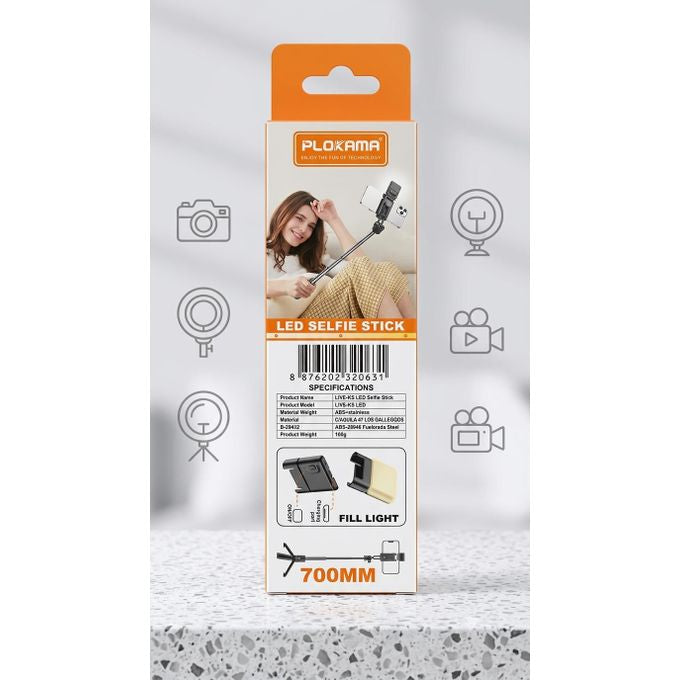 Perche à Selfie LED 3-en-1 Plokama LIVE-KS – Trépied Extensible 700mm avec Télécommande Bluetooth et Lumière d'Appoint