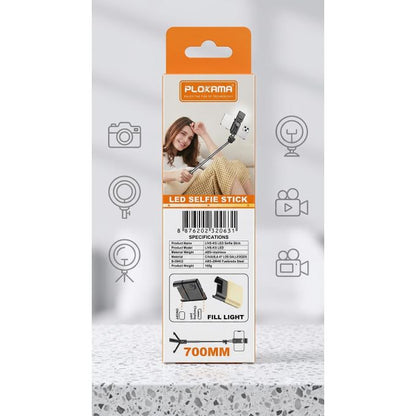 Perche à Selfie LED 3-en-1 Plokama LIVE-KS – Trépied Extensible 700mm avec Télécommande Bluetooth et Lumière d'Appoint