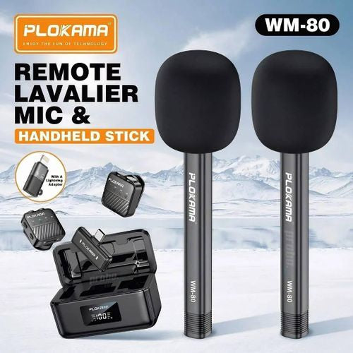 PLOKAMA WM-80 COMBO - Kit 2 Micros Sans Fil + 2 Supports Bâtons (Main) - Réduction de Bruit - Boîtier de Charge LED